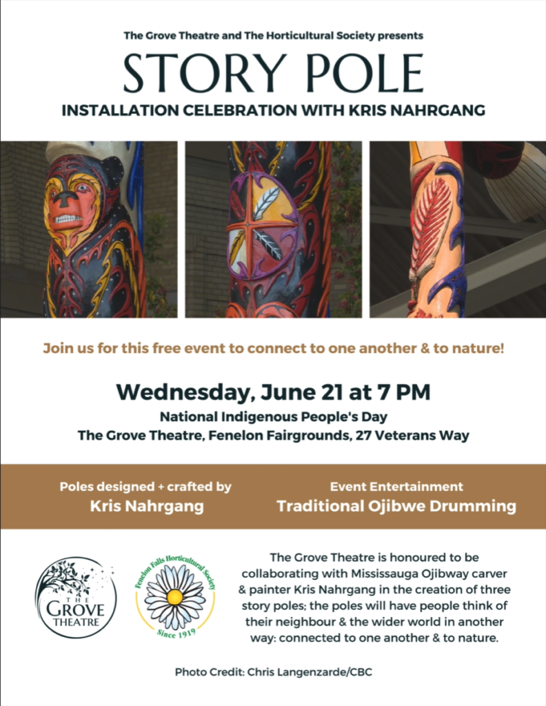 Grove Theatre and Fenlon Horticultural Society present Story Pole installation with Kris Nahrgang on Wednesday June 21st at 7pm at the Grove Theatre Fenlon Falls Fairgrounds